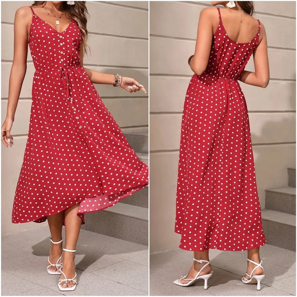 Red Polka Dot Button Summer Dress - Picture 2 of 3
